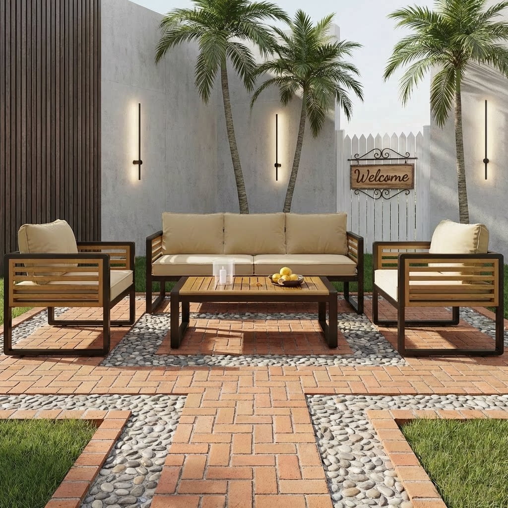 4-Piece Outdoor Furniture Set, Large Metal Patio Conversation Set with Cushion & Acacia Wood Tabletop, Brown