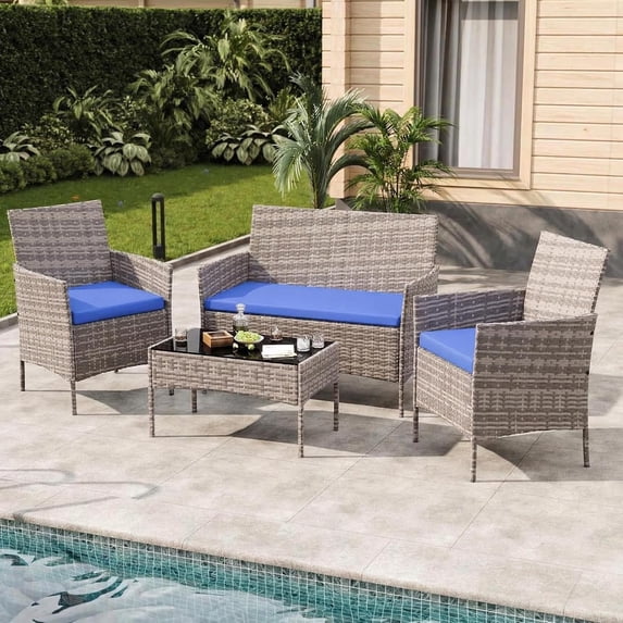 4-Piece Outdoor Furniture Set, PE Rattan Wicker Chairs with Soft Cushions & Tempered Glass Coffee Table - All-Weather Patio Set for Garden, Backyard, Porch, Poolside (Grey/Blue)