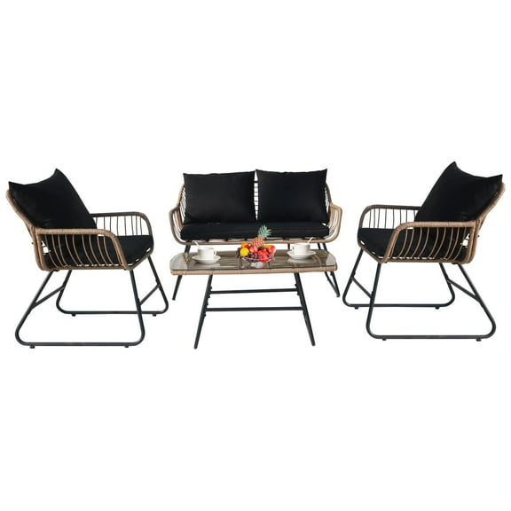 4-Piece Outdoor Furniture Set Rattan Wicker Patio Conversation Bistro Set &Table