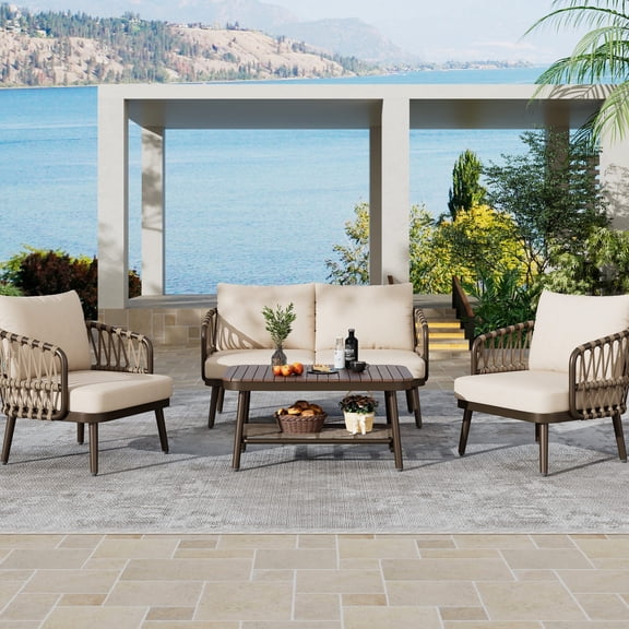 4-Piece Outdoor Furniture Set with Woven Rope and Acacia Wood Table / Modern Rustic Charm for Outdoor Spaces