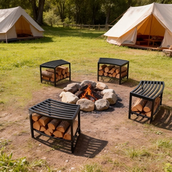 4-Piece Outdoor Heavy-Duty Metal Backless Storage Curved Bench Set & Plant Stand, Black