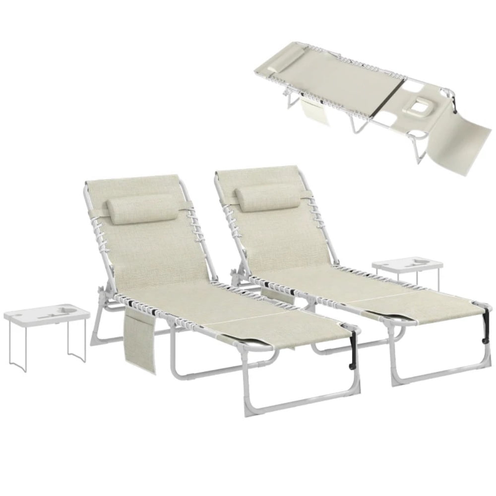 4-Piece Outdoor Lounge Set 2 Folding Loungers & 2 Side Tables 5-Position Adjustable Backrest Face & Arm Holes Breathable Mesh Pool Beach Chairs with Carry Strap