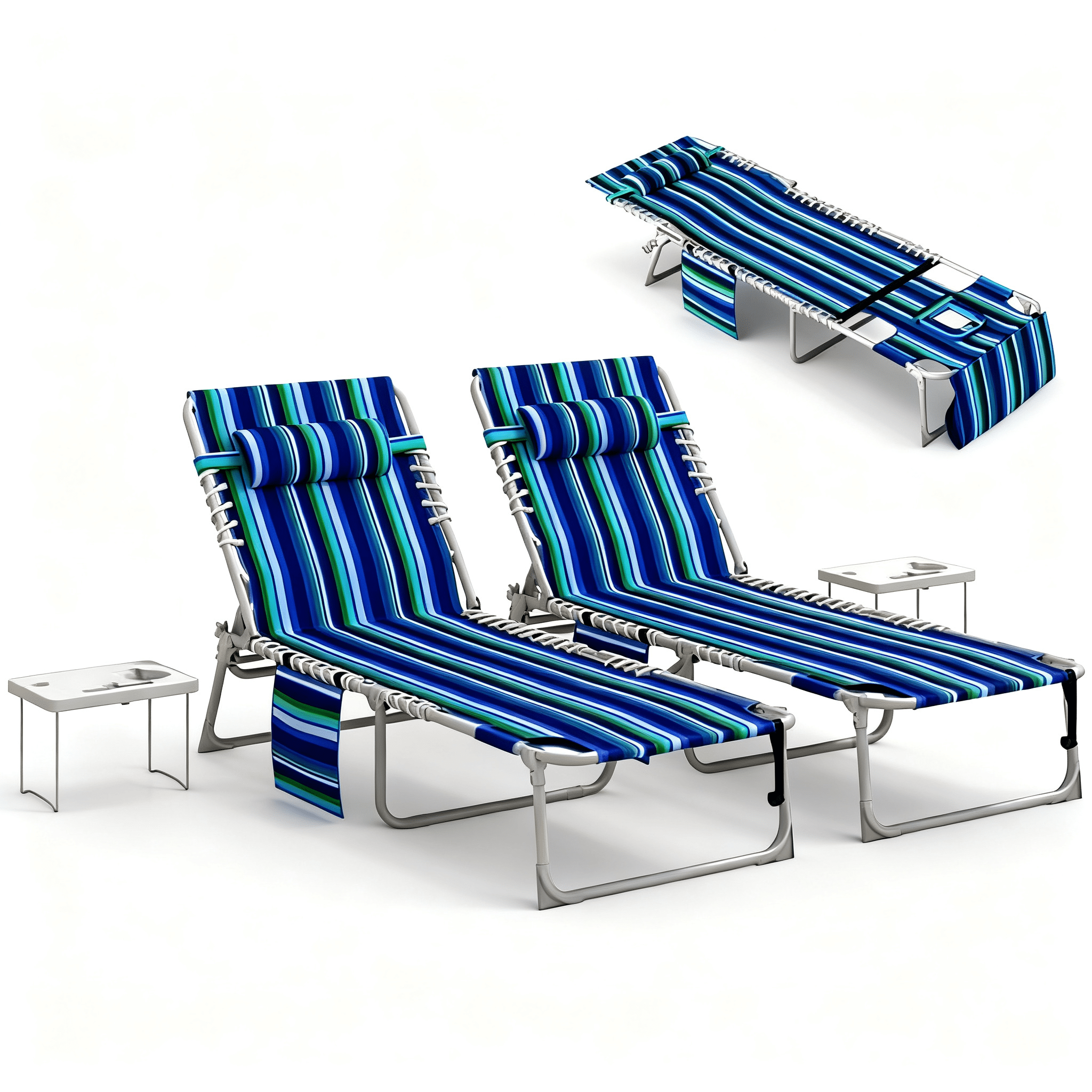 4-Piece Outdoor Lounge Set 2 Pool Loungers & 2 Folding Side Tables 5-Position Adjustable Backrest Face & Arm Holes Beach Chairs with Carry Strap