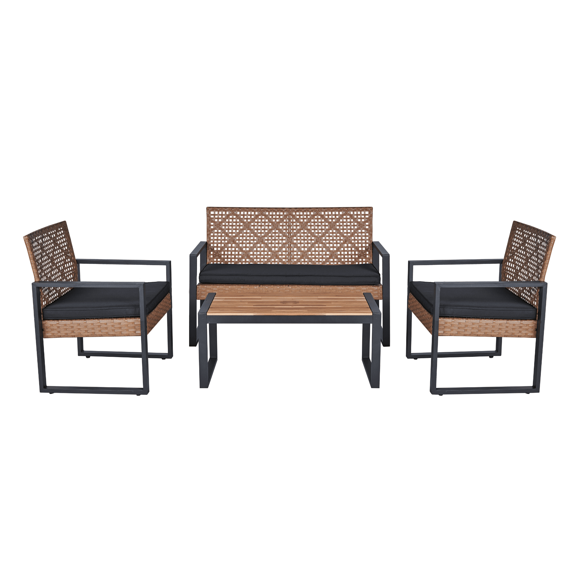 4-Piece Outdoor Patio Conversation Set, All-weather Wicker Conversation Set w/Cushions,Light Brown