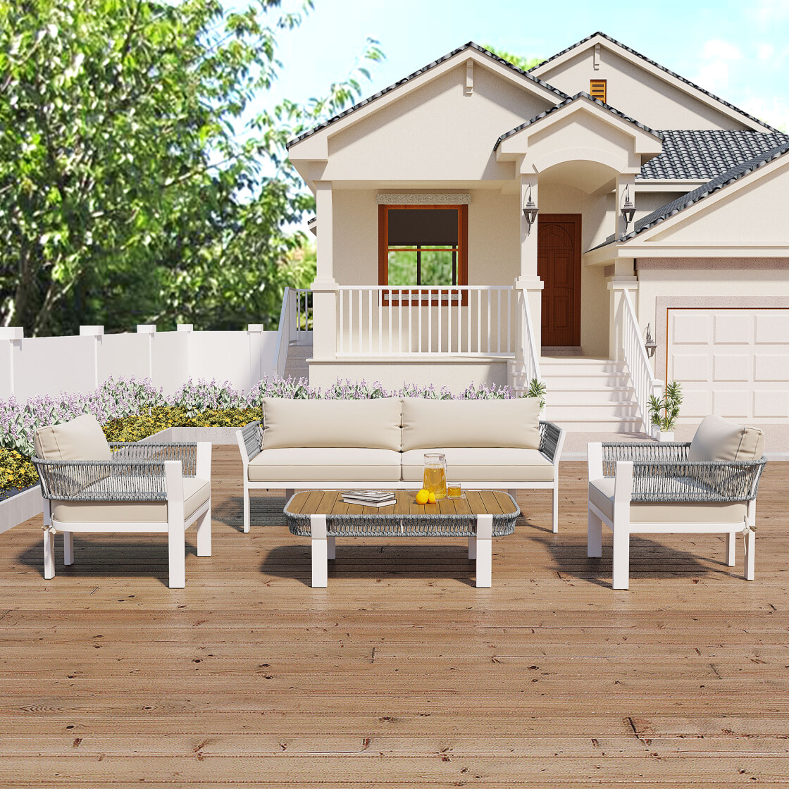 4 Piece Outdoor Patio Conversation Set, Sectional Sofa Set with Coffee ...