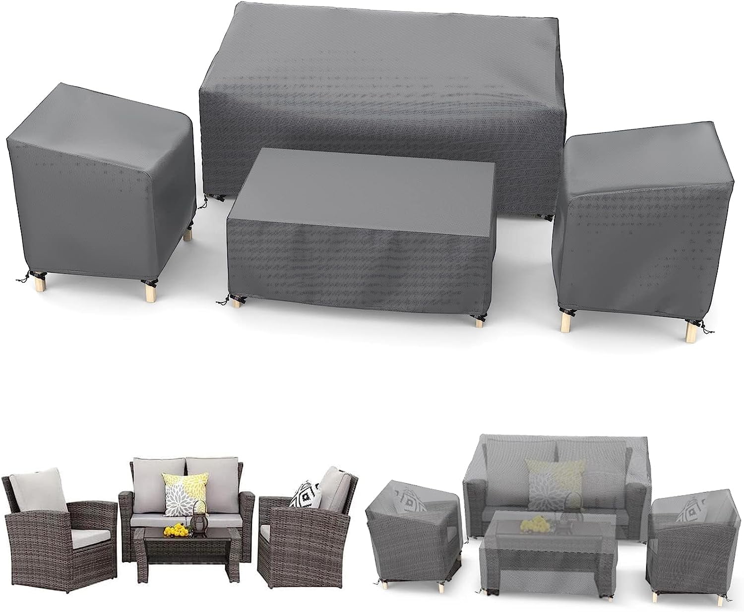4-Piece Outdoor Patio Furniture Cover Set for 32" Chairs, 56" Loveseat, and 45" Coffee Table, Gray