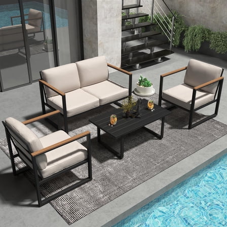 4 Piece Outdoor Patio Furniture, Metal Conversation Set with Coffee Table, Loveseat, 2 Chairs and Thick Cushions, Perfect for Backyard, Balcony, and Courtyard, Black and Beige