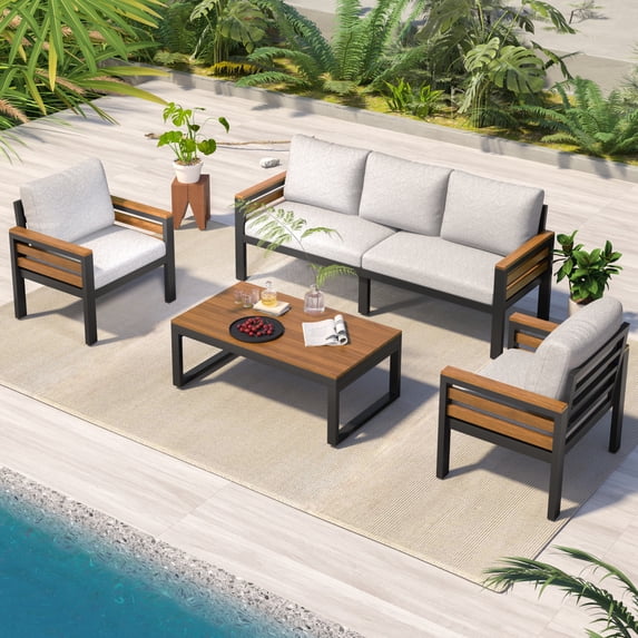 4-Piece Outdoor Patio Furniture Set, A-cacia Wood Patio Sectional Sofa Conversation Set with Coffee Table and All-Weather Cushions for Garden and Backyard, Beige