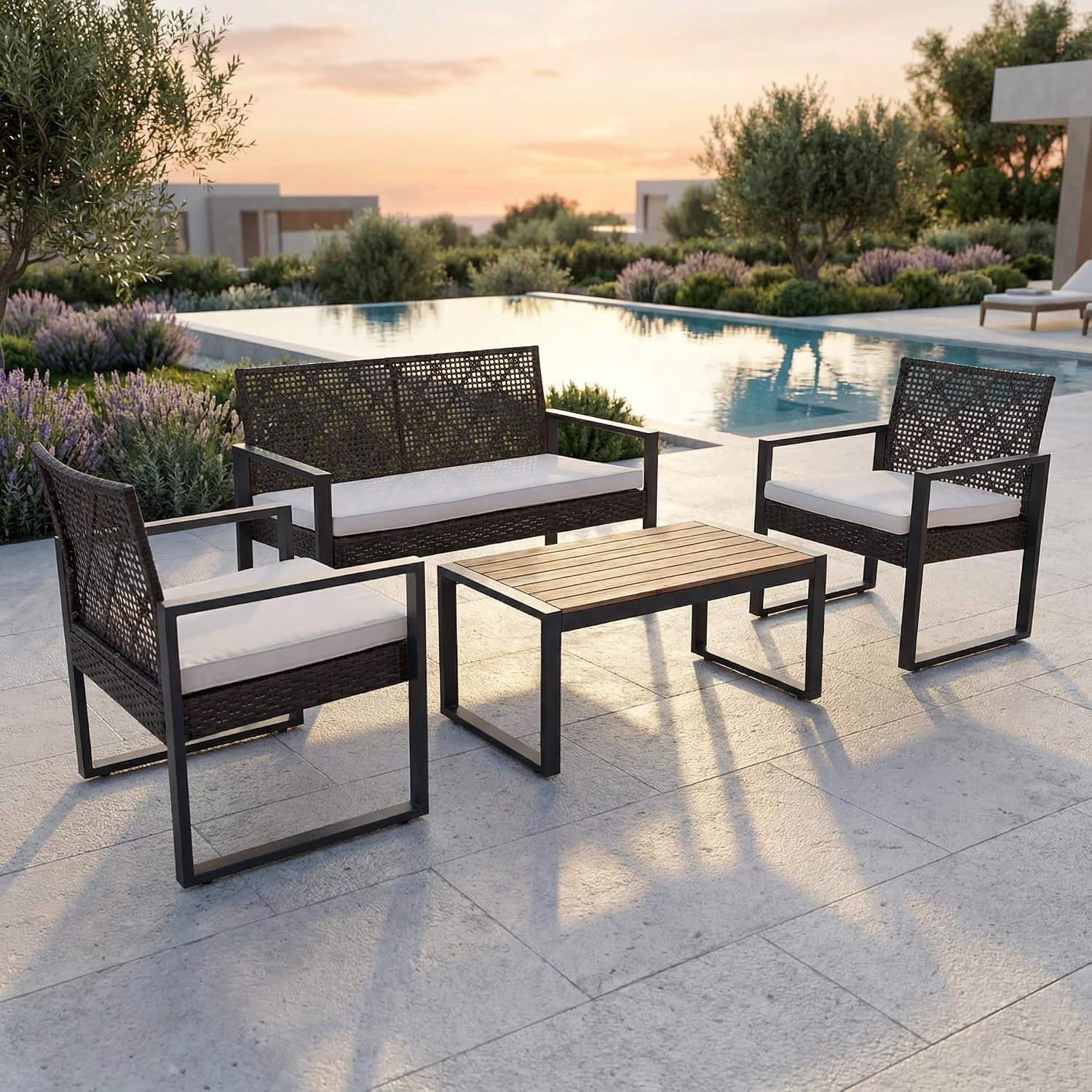 4-Piece Outdoor Patio Furniture Set, Acacia Wood Table Top, Brown Rattan with Beige Cushions