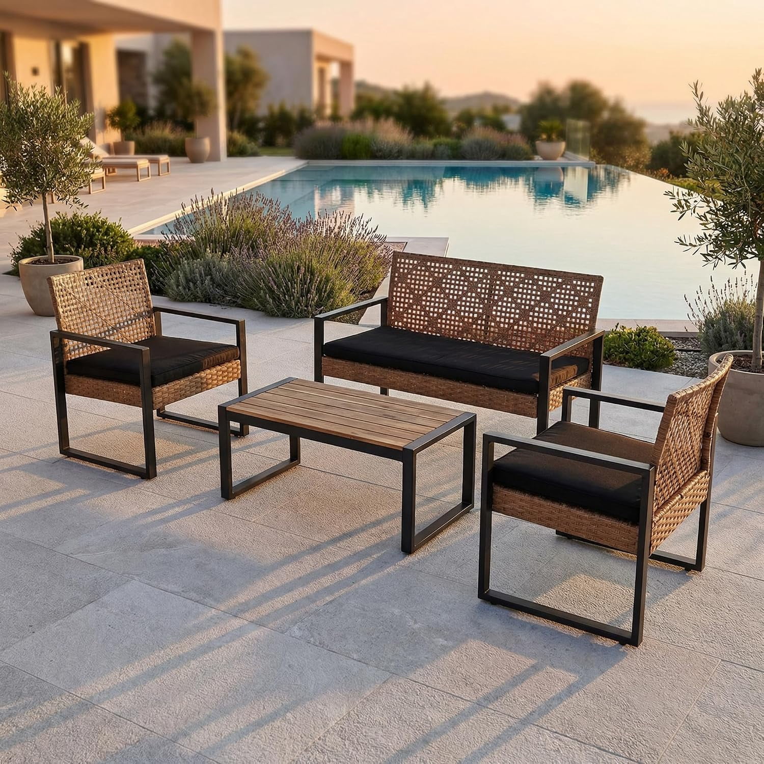 4-Piece Outdoor Patio Furniture Set, Acacia Wood Table Top, Light Brown Rattan with Black Cushions