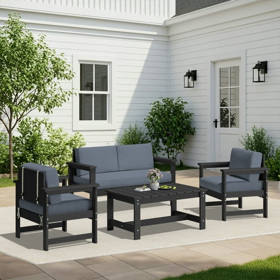 4-Piece Outdoor Patio Furniture Set, HDPE Sofa Conversation Set with Loveseat, Chairs & Coffee Table, Weather-Resistant,Black and Gray
