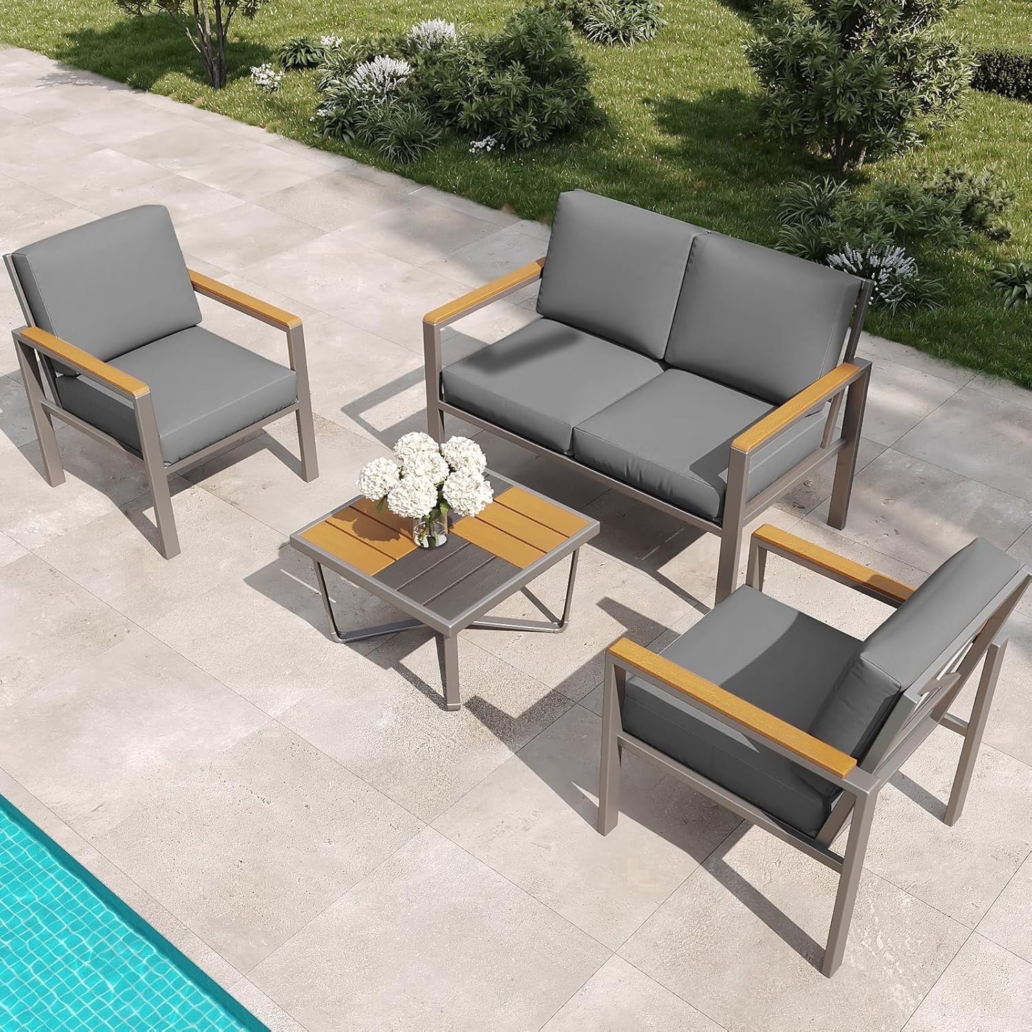 JXXM 4-Piece Outdoor Patio Conversation Set, Metal Furniture with Cushions & Coffee Table, Black