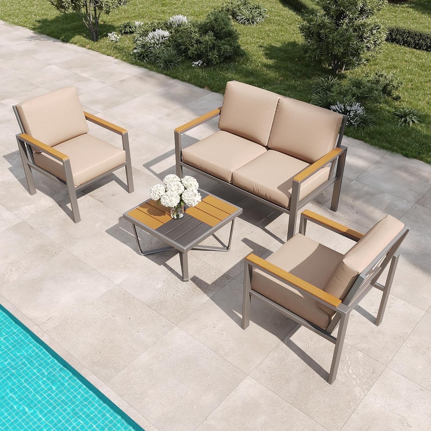 Walmart Deals of 4-Piece Outdoor Patio Furniture Set, Metal Conversation Set with Cushions & Wood-Like Armrests, Modern Patio Sectional with Coffee Table for Garden, Porch, Balcony, Yard (Gray)