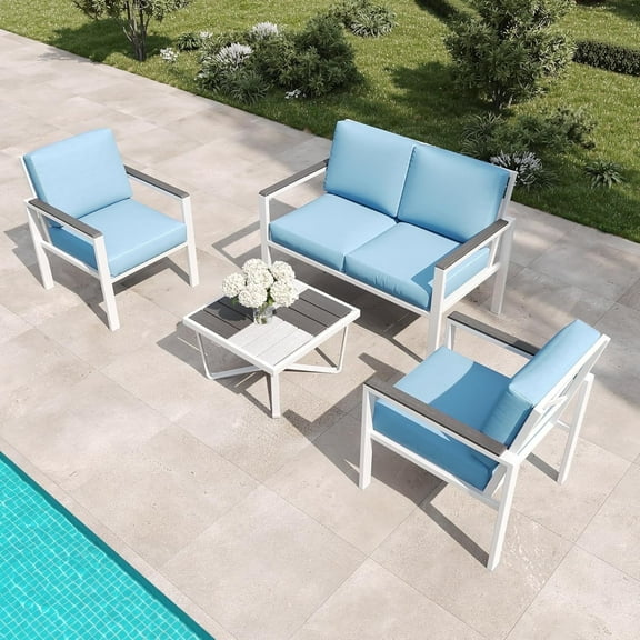 4-Piece Outdoor Patio Furniture Set, Metal Conversation Set with Cushions & Wood-Like Armrests, Modern Patio Sectional with Coffee Table for Garden, Porch, Balcony, Yard (White)