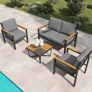 4-Piece Outdoor Patio Furniture Set, Metal Conversation Sofa Set with Deep Cushions, Wood-Look Armrests & Coffee Table, Modern Patio Seating for Garden, Porch, Balcony & Backyard (Black)