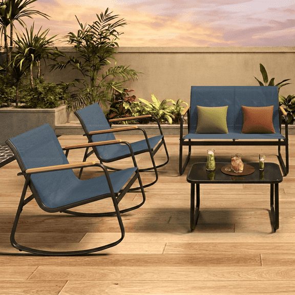4-Piece Outdoor Patio Furniture Set, Textilene Conversation Set with 2 Rocking Chairs & Tempered Glass Table, for Lawn Garden Balcony Poolside, Blue