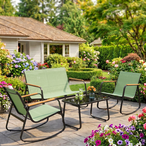 4-Piece Outdoor Patio Furniture Set, Textilene Conversation Set with 2 Rocking Chairs & Tempered Glass Table, for Lawn Garden Balcony Poolside, Green