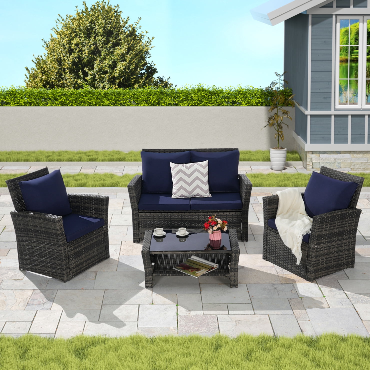 4 Piece Outdoor Patio Furniture Set with Weatherproof Wicker and Powder