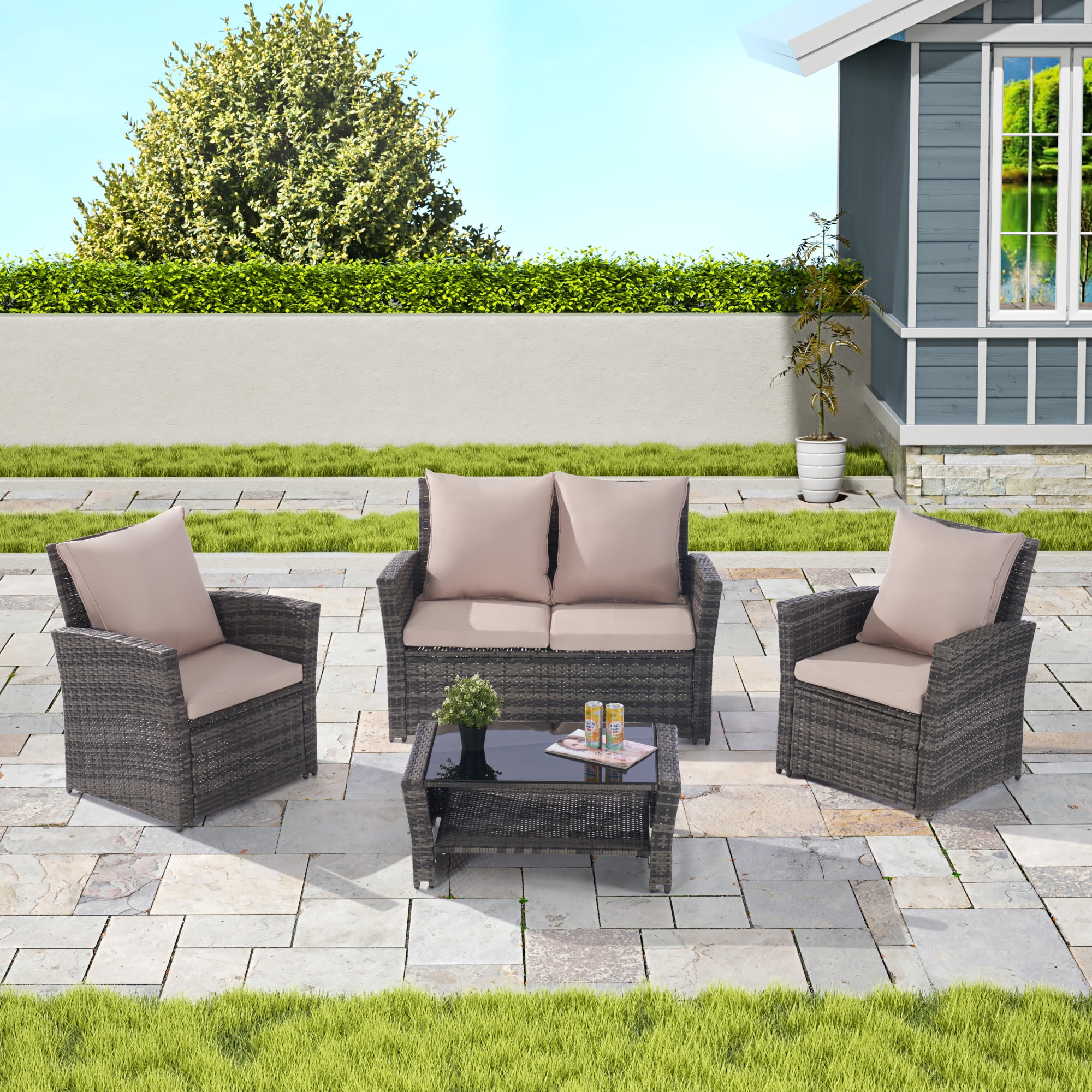 4 Piece Outdoor Patio Furniture Set, Wicker Conversation Set with 3 ...