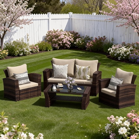 Heynemo 4 Seater Outdoor Patio Furniture Set, Rattan Wicker Patio Sectional Set with Coffee Table, Brown