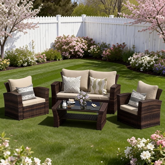 Heynemo 4 Seater Outdoor Patio Furniture Set, Rattan Wicker Patio Sectional Set with Coffee Table, Brown