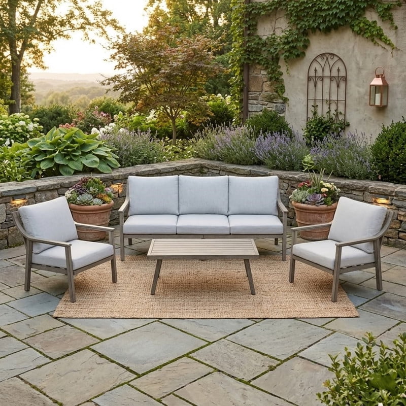 4-Piece Outdoor Patio Furniture Set for 5, Aluminum Outdoor Conversation Set Includes 1 Three-Seater Sofa, 2 Armchairs, and 1 Coffee Table