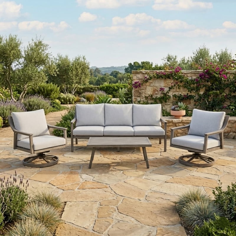 4-Piece Outdoor Patio Furniture Set for 5, Aluminum Outdoor Conversation Set Includes 1 Three-Seater Sofa, 2 Swivel Chairs, and 1 Coffee Table