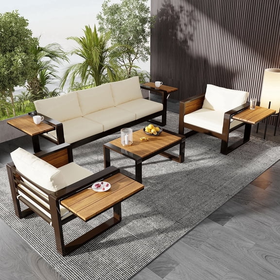 Vanress 4 Piece Outdoor Patio Furniture Set, with Coffee Table Set, Metal Patio Conversation Sets with Cushions, for Porch, Yard & Poolside (Beige)