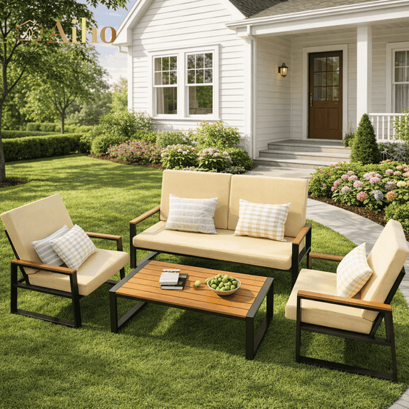Aiho 4 Pieces Patio Furniture Set, All-Weather Outdoor Conversation Set with Coffee Table & Removable Cushions, Perfect for Patio, Garden, Yard, Beige