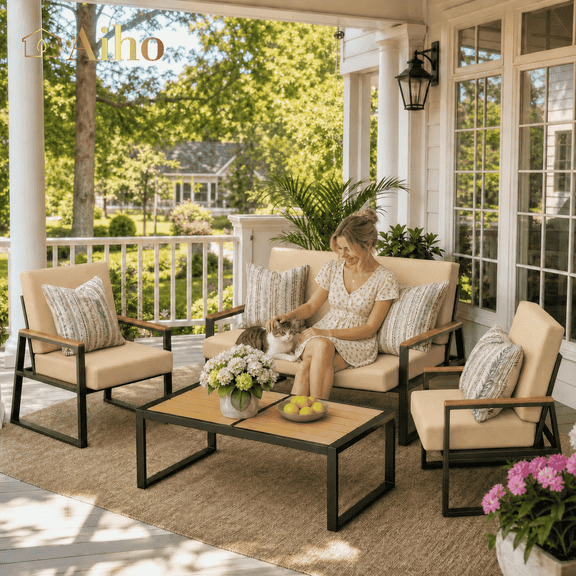 Aiho 4 Pieces Patio Furniture Set, All-Weather Outdoor Conversation Set with Coffee Table & Removable Cushions, Perfect for Patio, Garden, Yard, Beige