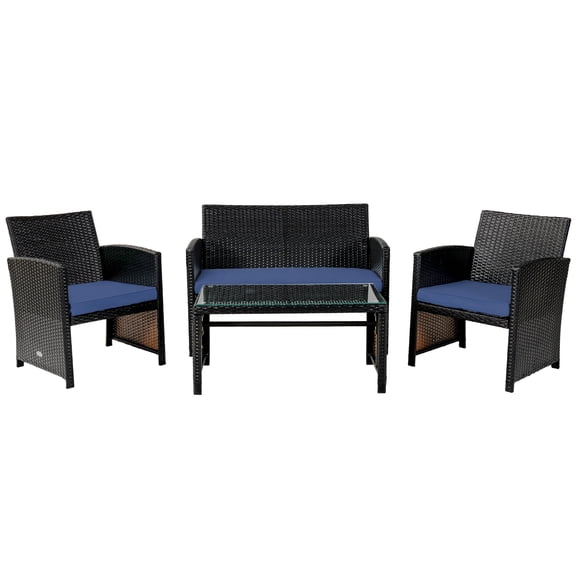 4 Piece Outdoor Patio Furniture Set with Cushions, Wicker Conversation Seating Set