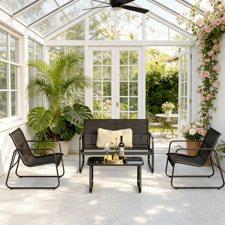 4-Piece Outdoor Patio Furniture Set with Glass Table. Asofer Lightweight Bistro Table and Chair Set for Poolside, Lawn, Black