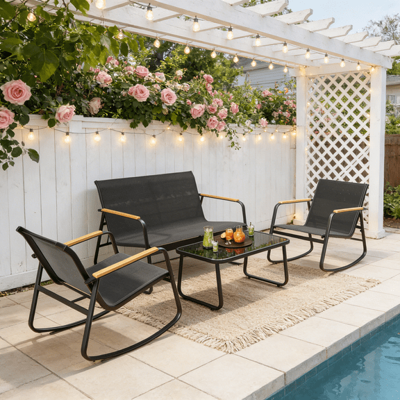 4-Piece Outdoor Patio Furniture Set with Glass Table. Asofer Lightweight Bistro Table and Chair Set for Poolside, Lawn, Black