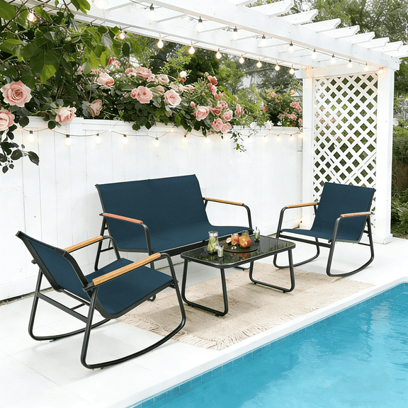 4-Piece Outdoor Patio Furniture Set with Glass Table,Asofer Lightweight Bistro Table and Chair Set for Poolside,Lawn,Blue