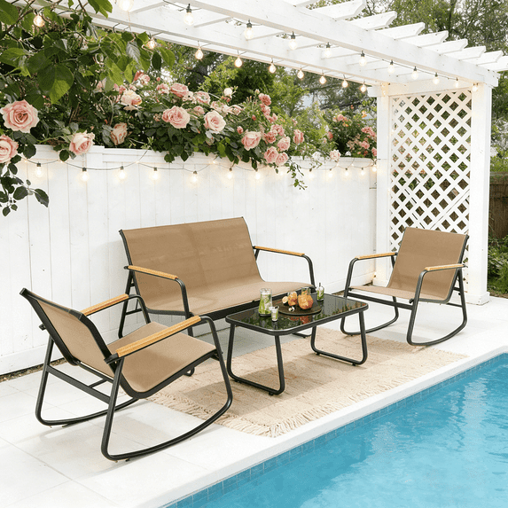 4-Piece Outdoor Patio Furniture Set with Glass Table,Asofer Lightweight Textilene Bistro Table and Chair Set for Poolside,Lawn,Brown