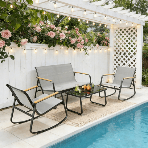 4-Piece Outdoor Patio Furniture Set with Glass Table. Asofer Lightweight Bistro Table and Chair Set for Poolside, Lawn, Gray