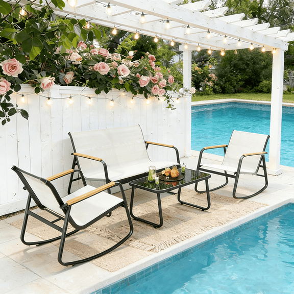 4-Piece Outdoor Patio Furniture Set with Glass Table,Asofer Lightweight Bistro Table and Chair Set for Poolside,Lawn,White