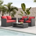 thumbnail image 1 of 4 Piece Outdoor Patio Furniture Sets All Weather Outdoor Sofa PE Garden Furniture Wicker Rattan Patio Conversation Set with Coffee Table, Red Cushion, 1 of 14