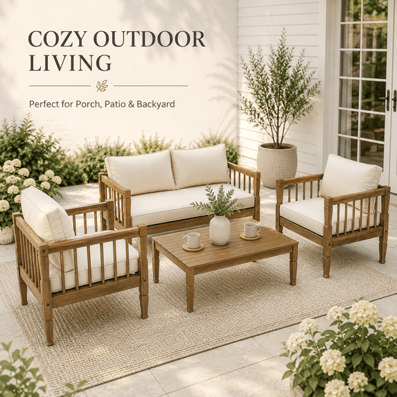 4-Piece Acacia Wood Patio Furniture Set, Outdoor Patio Conversation Set with Coffee Table, Loveseat and 2 Club Chairs, Deep Seating Outdoor Furniture with 4-Inch Cushions for Backyard Porch Balcony