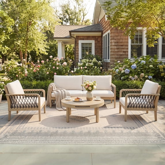 4-Piece Acacia Wood Patio Furniture Set, Outdoor Patio Conversation Set with Coffee Table, Loveseat and 2 Club Chairs, Deep Seating Outdoor Furniture with 4-Inch Cushions for Backyard Porch Balcony