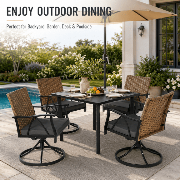 5-Piece Patio Dining Set for 4, Outdoor Wicker Patio Table and Chairs Set with 4 Cushioned Swivel Rocker Chairs, Steel Tabletop with Umbrella Hole, Brown Rattan Outdoor Dining Furniture Set for Backy
