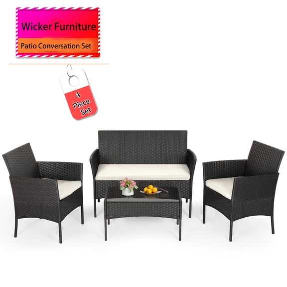4 Piece Outdoor Patio Furniture Sets, Wicker Patio Conversation Furniture Rattan Chair Set with Tempered Glass Coffee Table for Backyard Porch Garden Poolside Balcony, Black