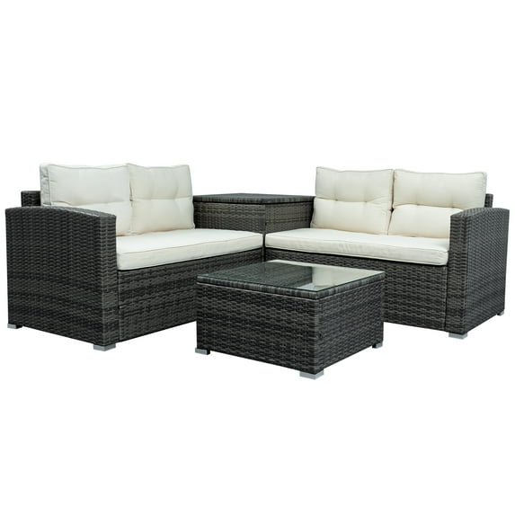 4 Piece Outdoor Patio Furniture Wicker Sets, PE Rattan Modular Conversation Furniture Sets with Cushions & Coffee Table, Outdoor Sectional Sofa for Porch, Poolside, Backyard, S13114
