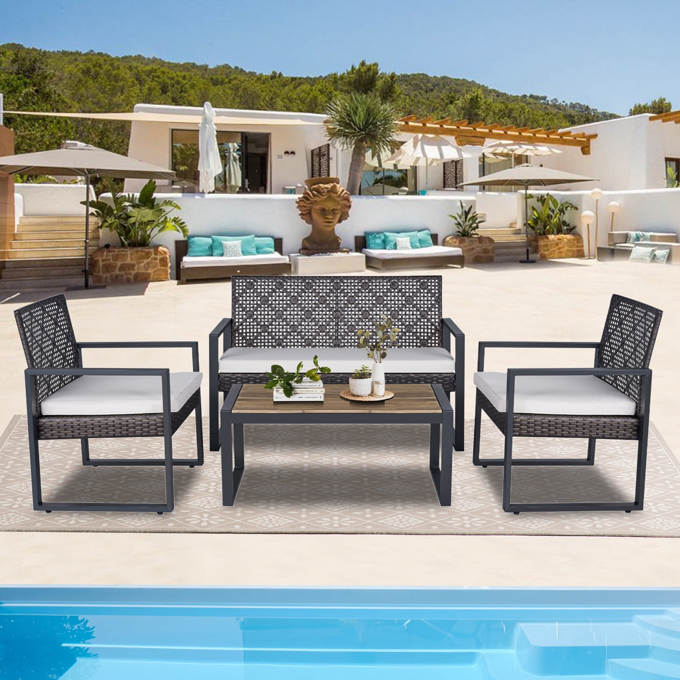4-Piece Outdoor Furniture Set,  Backyard Rattan Patio Table Set Cushioned for 4, All-Weather Conversation Set with Table for Porch Furniture for Garden Lawn Backyard