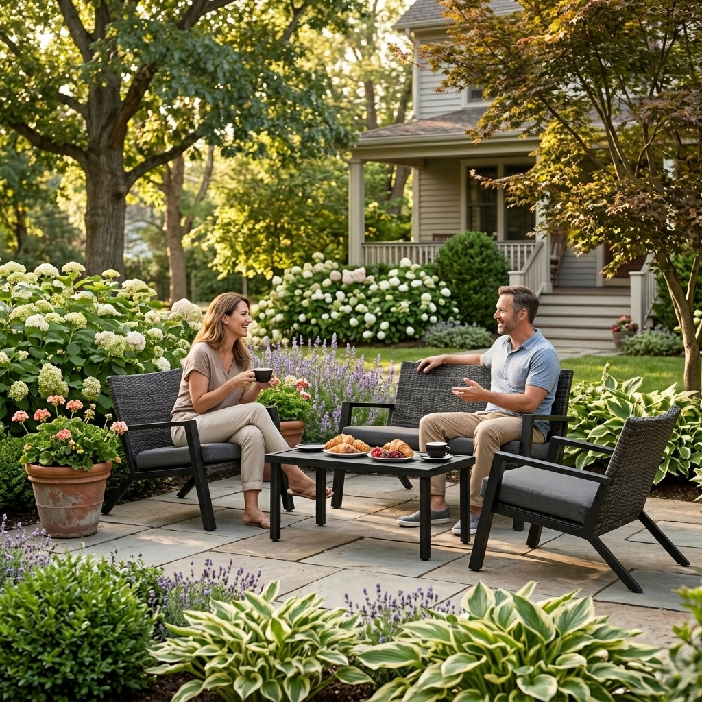 4-Piece Outdoor Rattan Patio Furniture Set,Loveseat,2 Chairs & Coffee Table,Weather-Resistant PE Wicker with Cushions,for Garden, Deck,Poolside