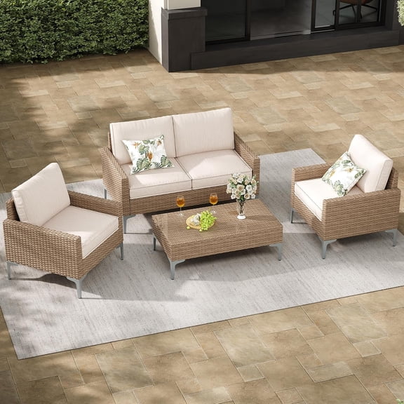 4-Piece Outdoor Sectional Sofa Set, All-Weather Wicker Patio Furniture with L/R armrest & Tempered Glass Table, Comfortable Garden Conversation Set for Backyard, Poolside, Deck,Beige