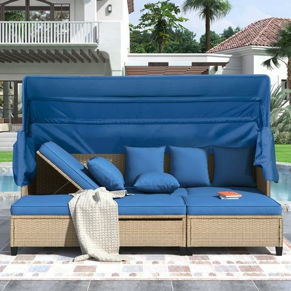 4 Piece Outdoor Sectional Sofa Set with Retractable UV-Blocking Canopy, 3-Position Recliner, Adjustable Steel Frame & Easy Assembly, Compact Patio Furniture, Blue