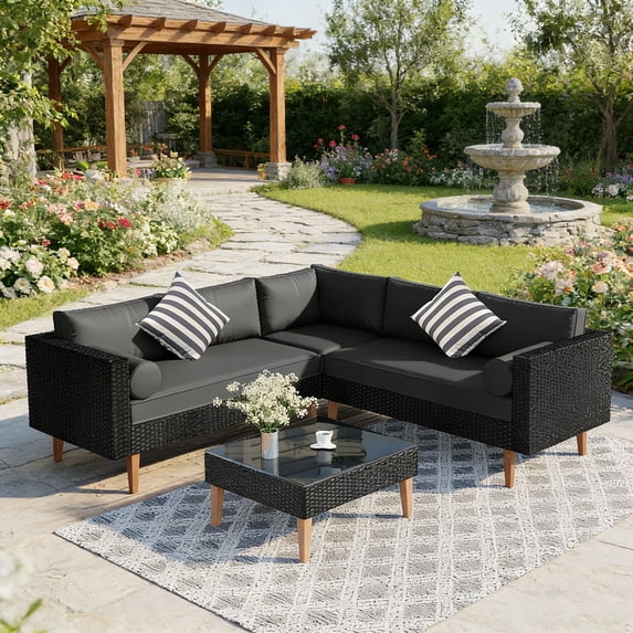 4-Piece Outdoor Wicker L-Shaped Sofa Set, Patio Furniture with Gray Cushions, Black Rattan, Striped Pillows & Glass Coffee Table, for Backyard, Balcony, Poolside