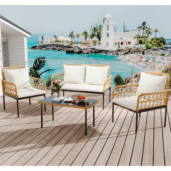 4 Piece Outdoor Wicker Patio Bistro Set, All-Weather Rattan Conversation Set with Glass Top Coffee Table & Loveseat & 2 Armchairs Chairs Cushions,Boho Balcony Furniture for Backyard, Garden