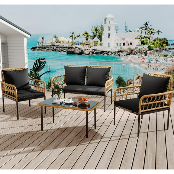 4 Piece Outdoor Wicker Patio Bistro Set, All-Weather Rattan Conversation Set with Glass Top Coffee Table & Loveseat & 2 Armchairs Chairs Cushions,Boho Balcony Furniture for Backyard, Garden